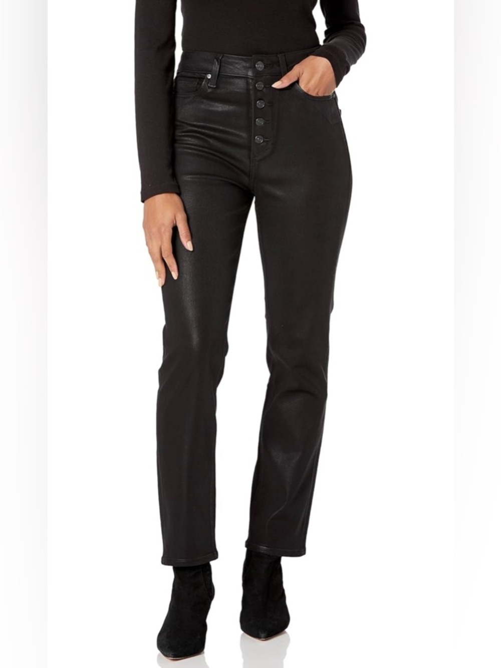 PAIGE Flaunt Accent Ultra High Rise Straight Leg in Black Fog Luxe Coating